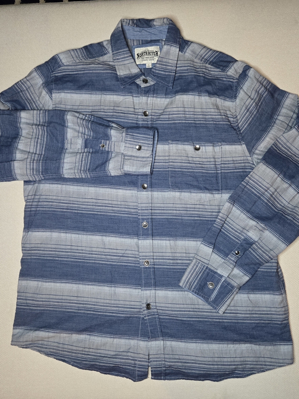 North River Mens Button Up Long Sleeve SHIRT Blue Casual Relaxed LARGE